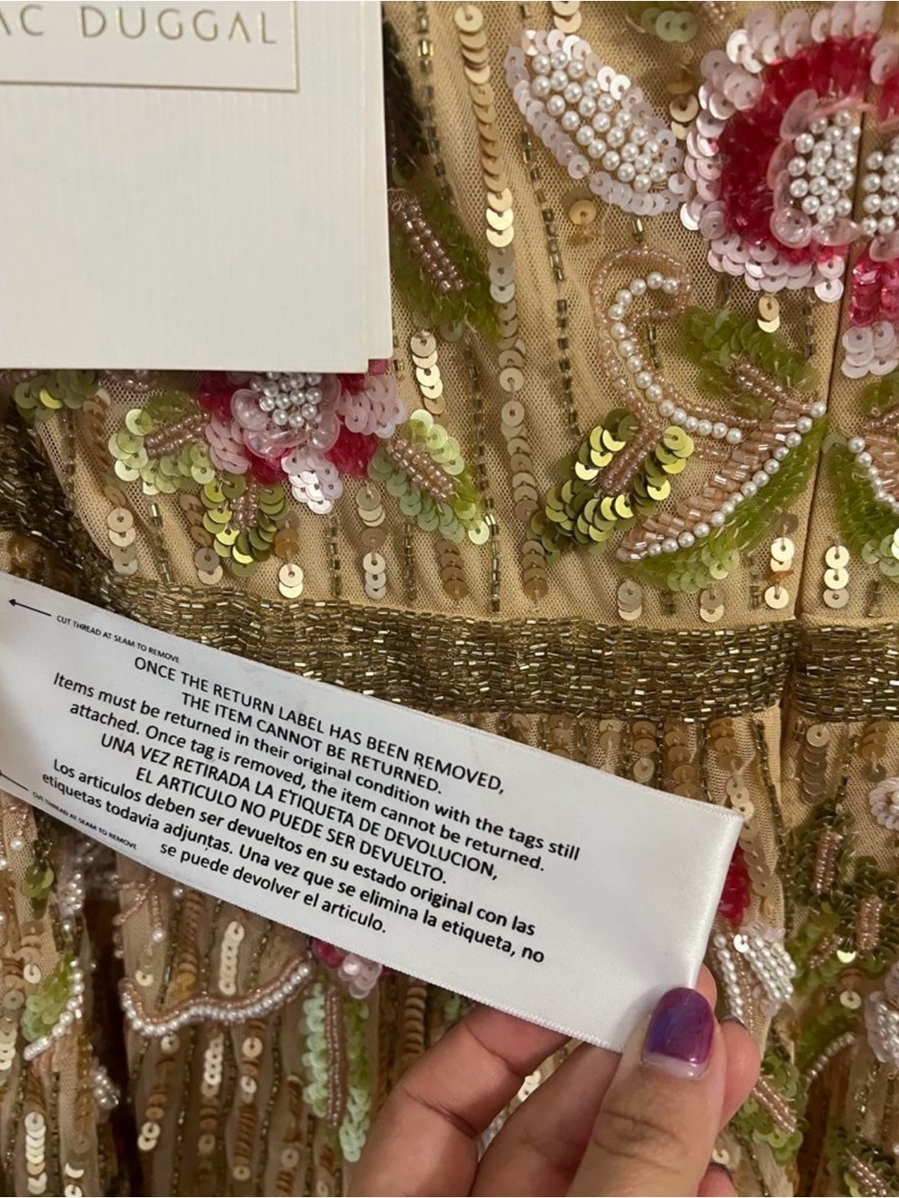 Mac Duggal Embellished V-Neck Floral Beaded Evening Dress in Tan, Pink & Green - Picture 7 of 9